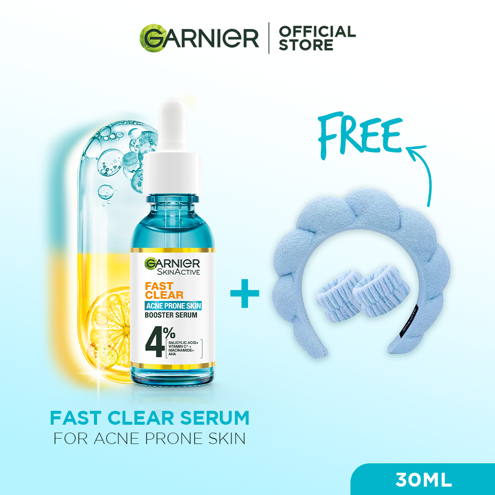 Bundle - Garnier Fast Clear Serum for Acne Prone Skin - 30ml with Free Headband