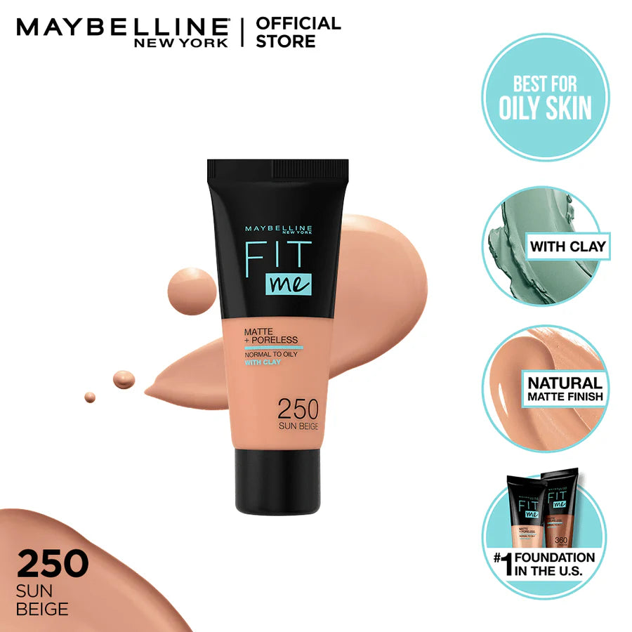 Maybelline New York Fit Me Matte & Poreless Liquid Foundation 18Ml Mini Tube - 250 Sun Beige - For Normal To Oily Skin With Clay