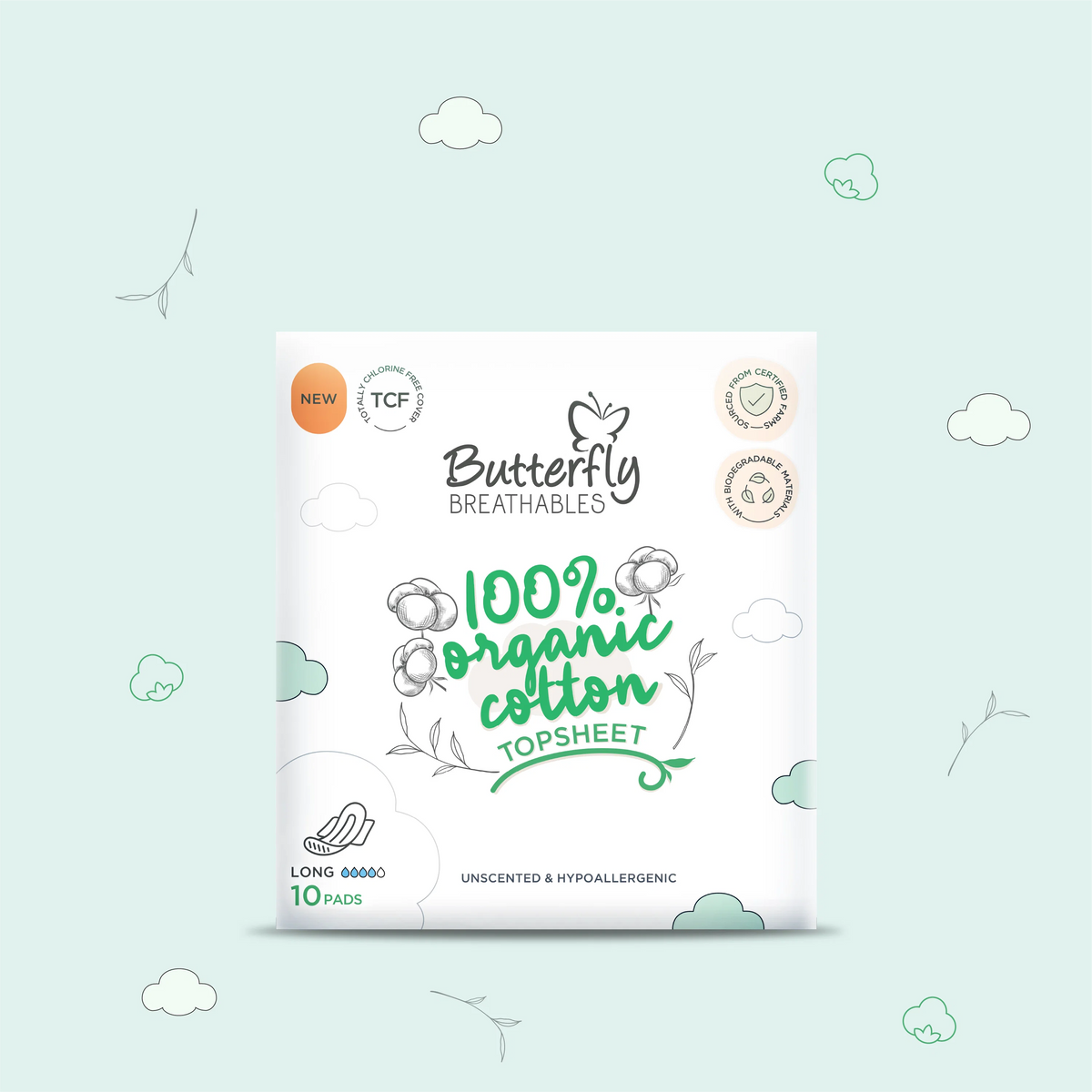 Butterfly - Breathables Organic Cotton Long Sanitary Pads - 10's