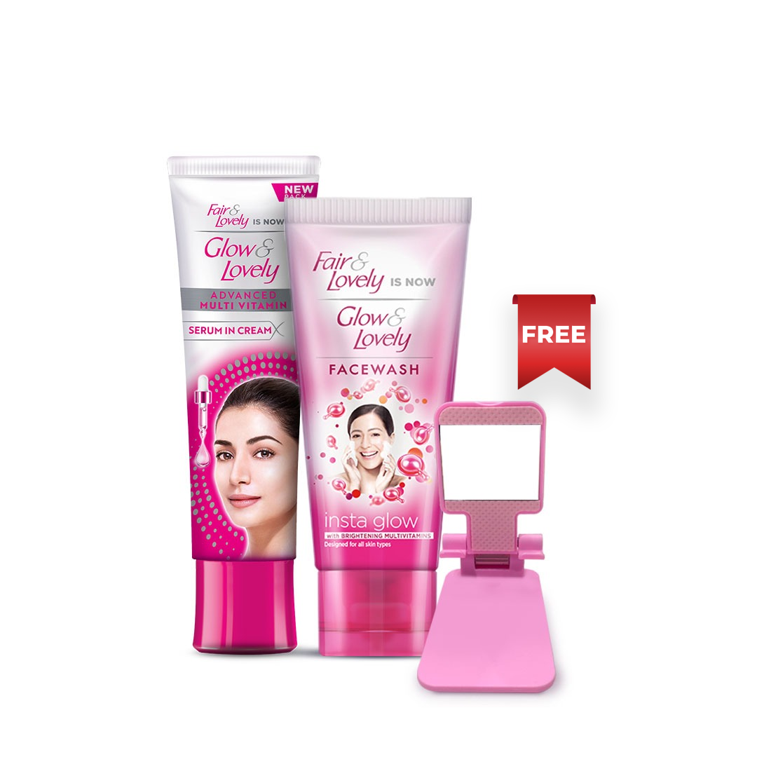 Bundle - Glow & Lovely Multivitamin Cream - 50G + Glow & Lovely Face Wash - 80Gm with Free Folding Mirror