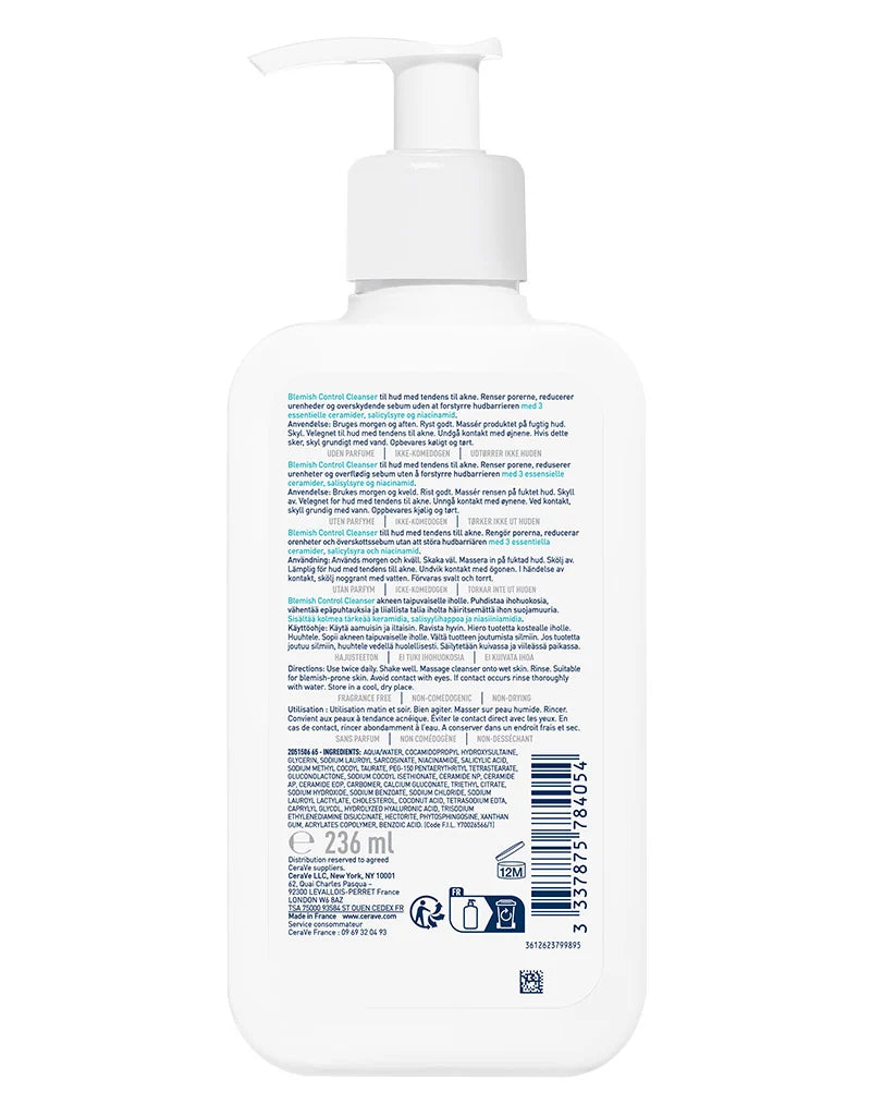 Cerave Blemish Control Face Cleanser With 2% Salicylic Acid & Niacinamide For Blemish-Prone Skin 8Oz/236Ml