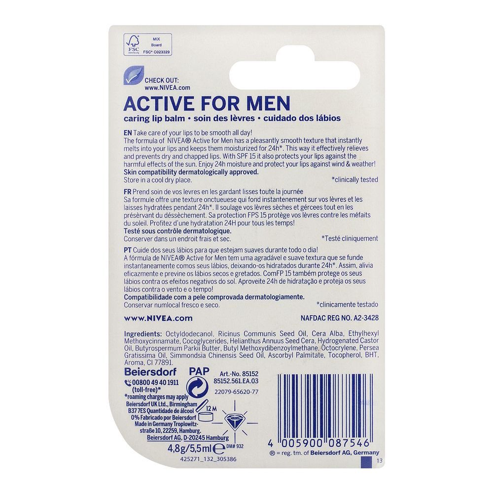 Nivea Lips Balm Active For Men Spf15 4.8G