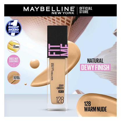 Maybelline Ny New Fit Me Dewy + Smooth Liquid Foundation 30 Spf - 128 Warm Nude 30Ml - For Normal To Dry Skin