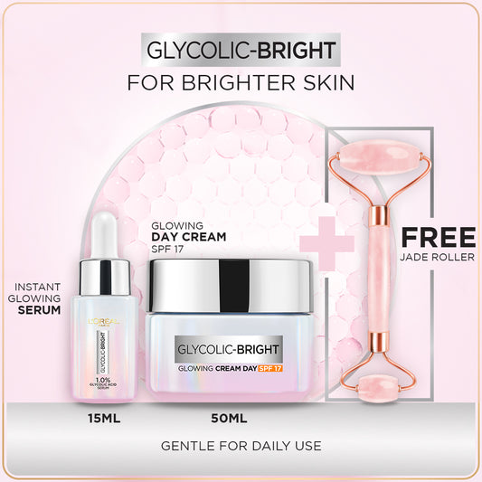 Bundle - L'Oreal Paris Glycolic Bright Instant Glowing Face Serum 15Ml + L'Oreal Paris Glycolic Bright Glowing Gel Day Cream 50ml with Free jade Roller