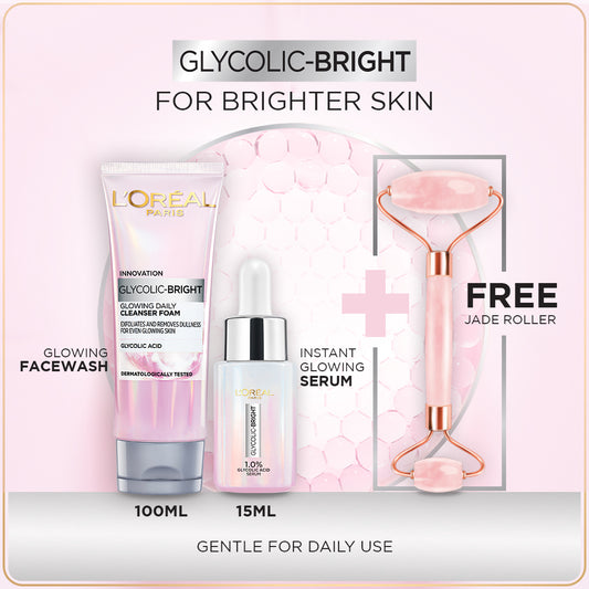 Bundle - L'Oreal Paris Glycolic Bright Instant Glowing Face Serum 15Ml + L'Oreal Paris Glycolic Bright Glowing Daily Face Wash 100ml with Free jade Roller