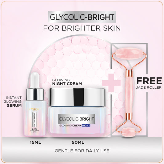 Bundle - L'Oreal Paris Glycolic Bright Instant Glowing Face Serum 15Ml + L'Oreal Paris Glycolic Bright Glowing Gel Night Cream 50ml with Free jade Roller