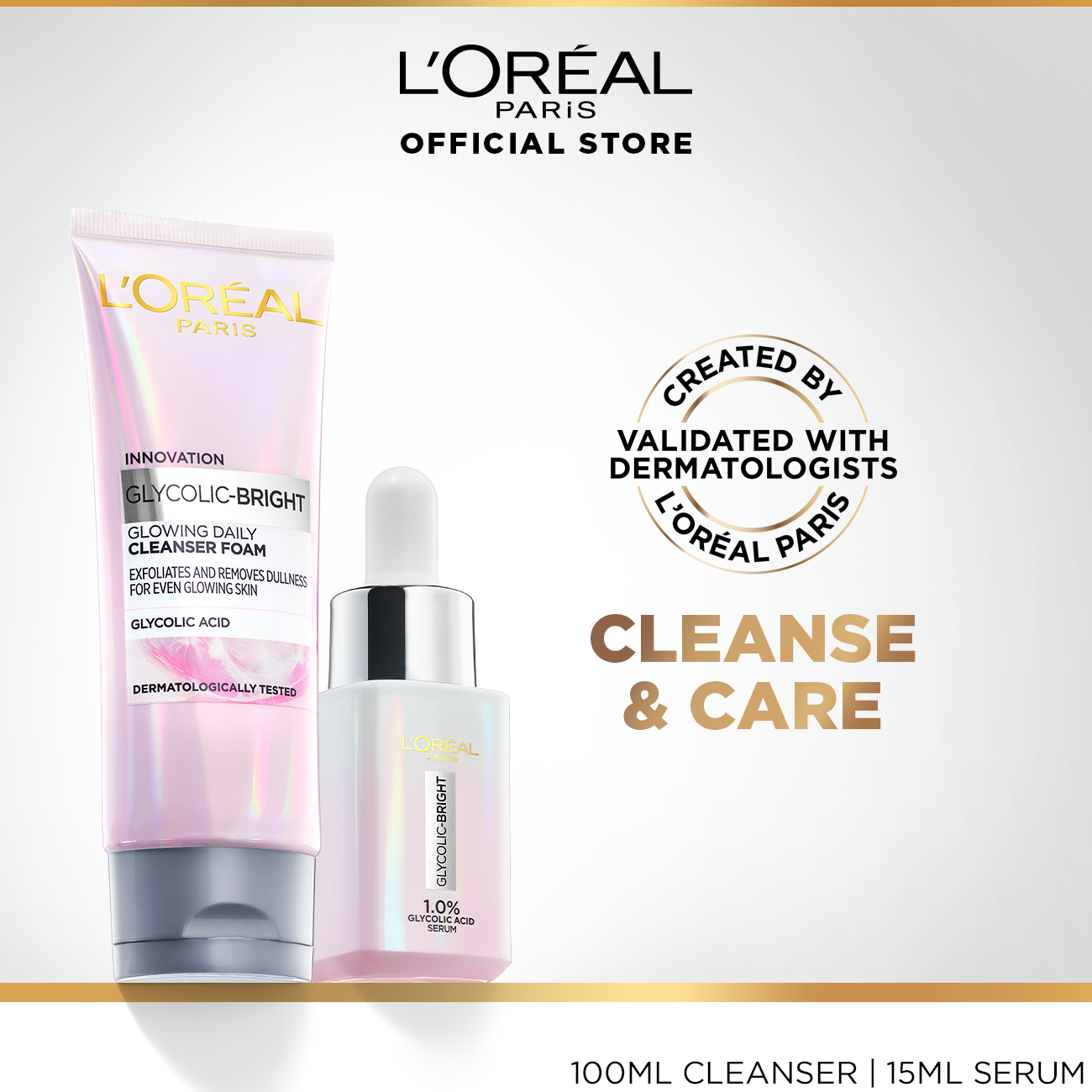 Bundle - L'Oreal Paris Glycolic Bright Glowing Daily Face Wash 100ml + L'Oreal Paris Glycolic Bright Instant Glowing Face Serum 15Ml