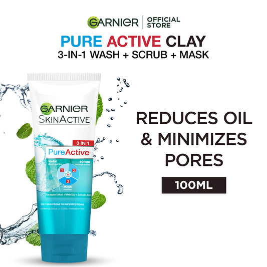 Garnier Skin Active 3-In-1 Clay Face Wash Mask Scrub 100Ml