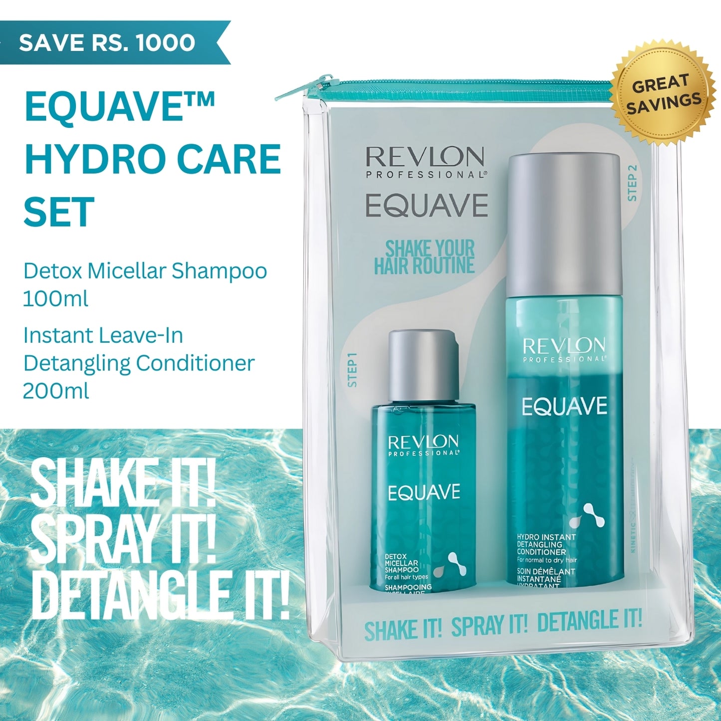 Revlon Professional - EQUAVE Hydro Care Set: Deep Cleansing Detox Micellar Shampoo 100ml and Instant Detangling Conditioner 200ml