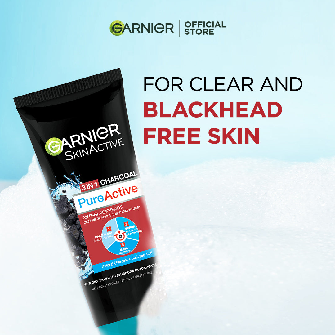 Garnier Skin Active 3-In-1 Charcoal Blackhead Face Wash Mask Scrub 100Ml