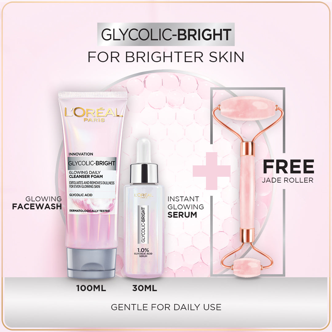 Bundle - L'Oreal Paris Glycolic Bright Instant Glowing Face Serum 30Ml + L'Oreal Paris Glycolic Bright Glowing Daily Face Wash 100ml with free jade roller