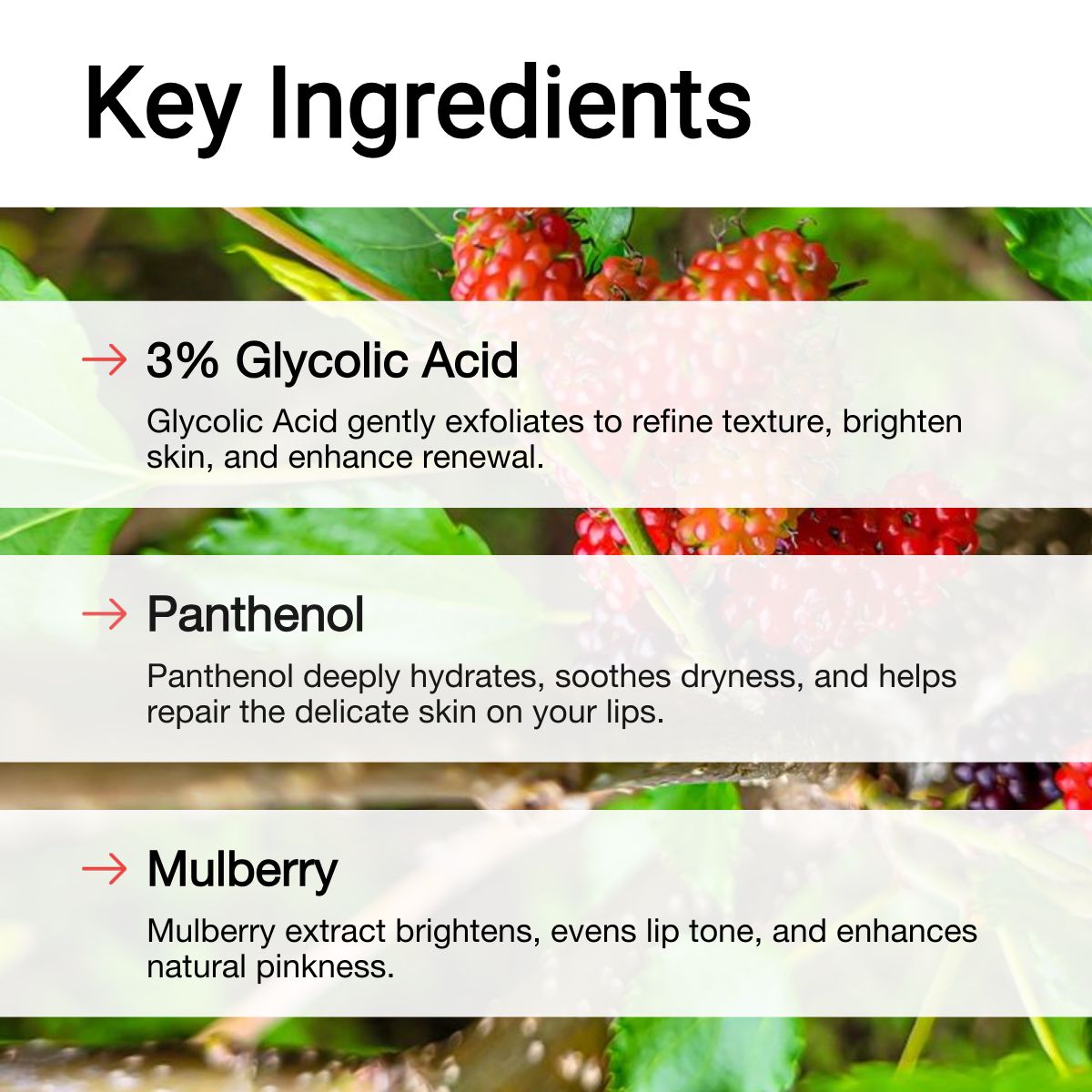 Key Ingredients: Glycolic acid & natural extracts in lip exfoliator