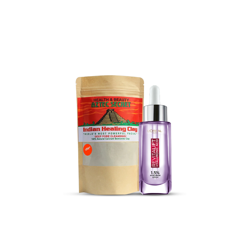 Bundle - L'Oreal Paris Revitalift 1.5% Hyaluronic Acid Face Serum 30 Ml + Aztec Secret Indian Healing Clay 100Gm