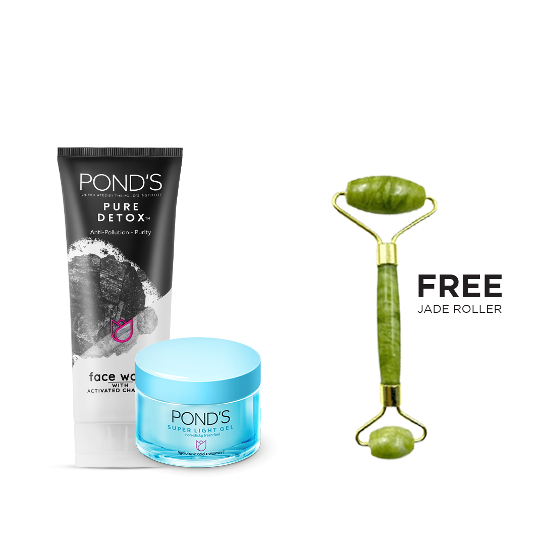 Bundle - Ponds Super Light Gel - 50G + Pond's Pure Detox Anti-Pollution + Purity Face Wash, 50g with free Jade roller