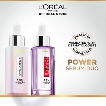 Bundle - L'Oreal Paris Glycolic Bright Instant Glowing Face Serum - 30Ml + L'Oreal Paris Revitalift 1.5% Hyaluronic Acid Face Serum 30 Ml