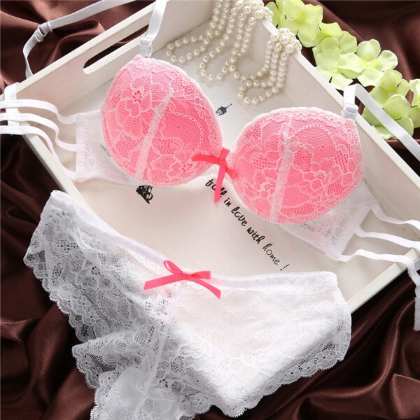 Sajiero Vintage Padded Bra And Panty Set White And Pink –