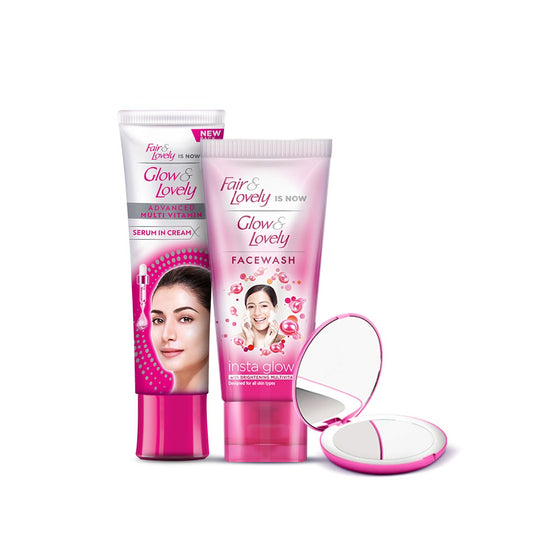 Bundle - Glow & Lovely Facewash 80g + Multivitamin Cream - 50g + FREE Makeup Mirror