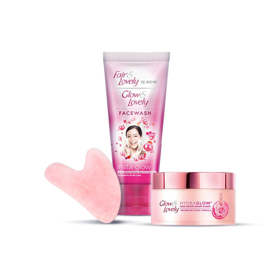 Bundle - Glow & Lovely Hydraglow - 60G + Multivitamin Facewash 80g + FREE Gua Sha Stone