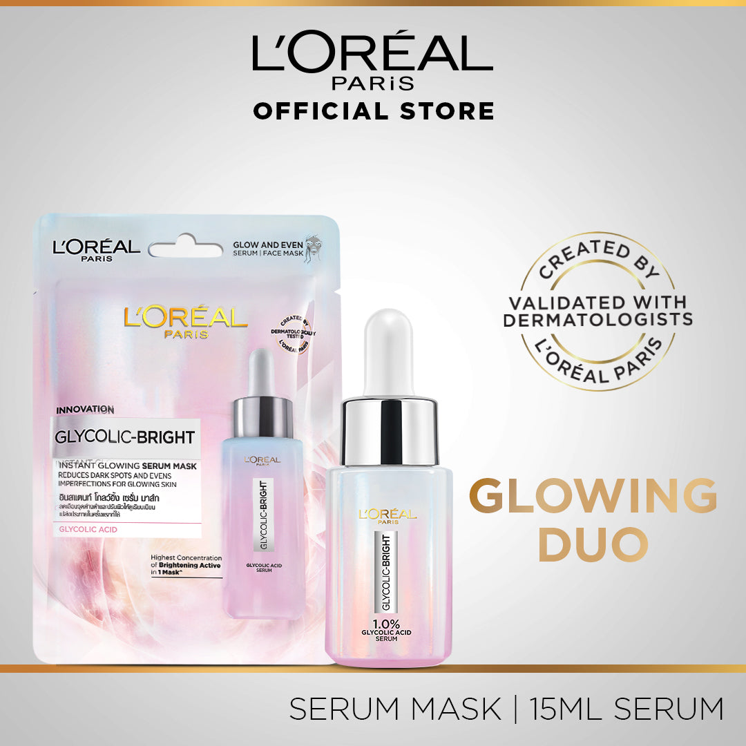 Bundle - L'Oreal Paris Glycolic Bright Instant Glowing Face Serum 15Ml + L'Oreal Paris Glycolic Bright Instant Glowing Serum Mask