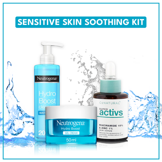 Bundle - Sensitive Skin Soothing Kit - Neutrogena Hydro Boost Gel-Cream Moisturiser 50Ml + Neutrogena Hydro Boost Water Gel Cleanser 200Ml + Conatural Niacinamide 10% + Zinc 1% - Super Activs Skin Serum