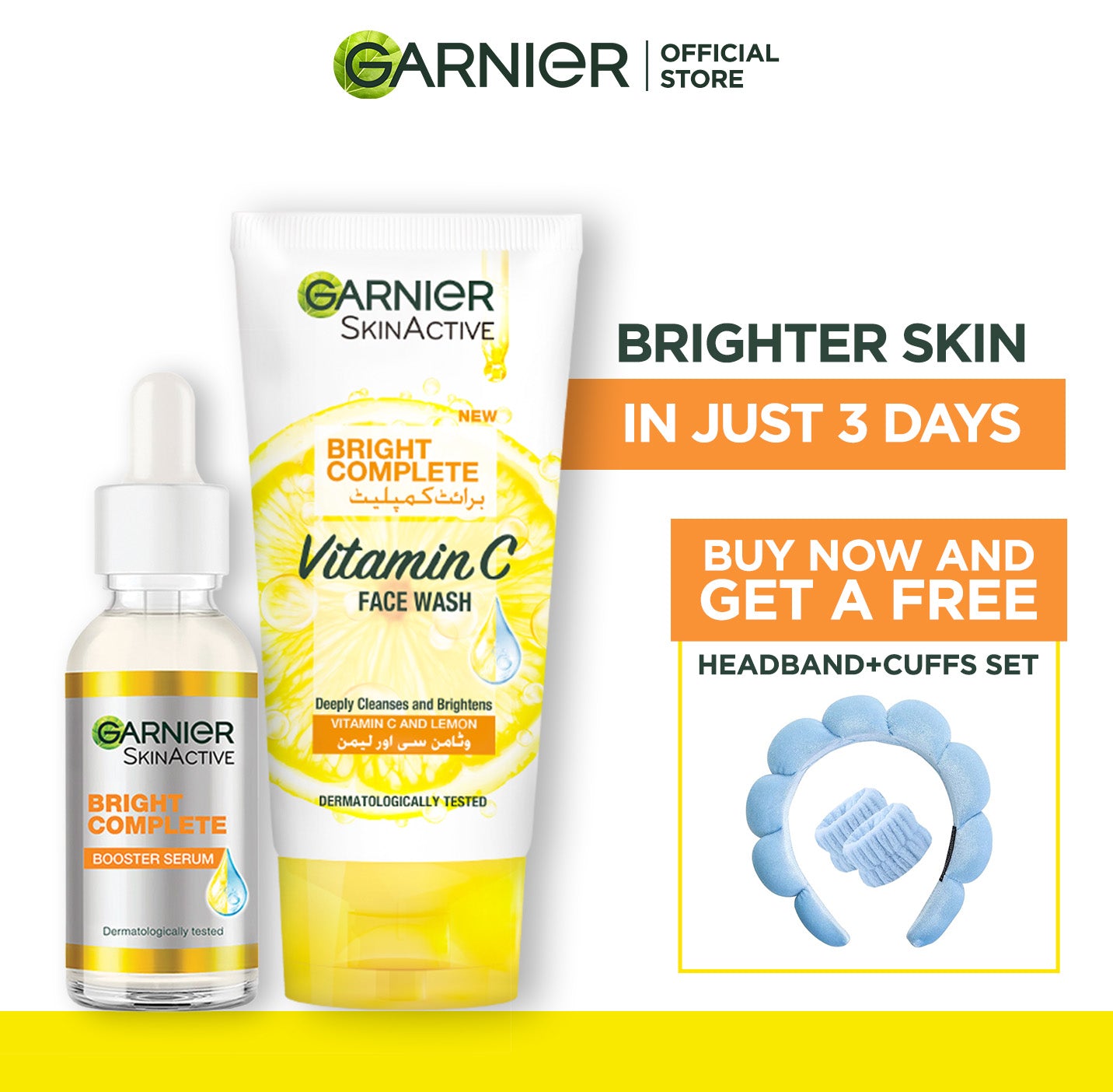 Garnier Brightening Vitamin C Serum + Facewash with Free Headbands + Cuffs Set