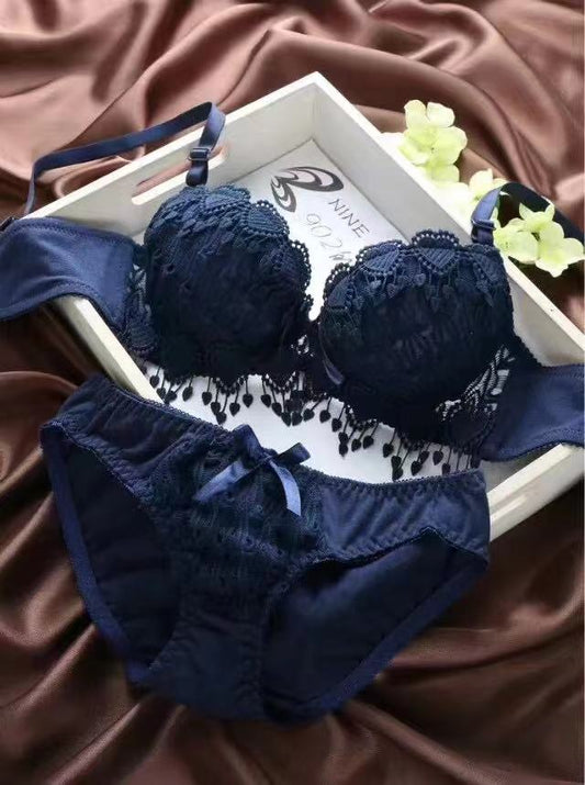 Sajiero Floral Embroidery Bella Padded Bra and Panty Set Blue
