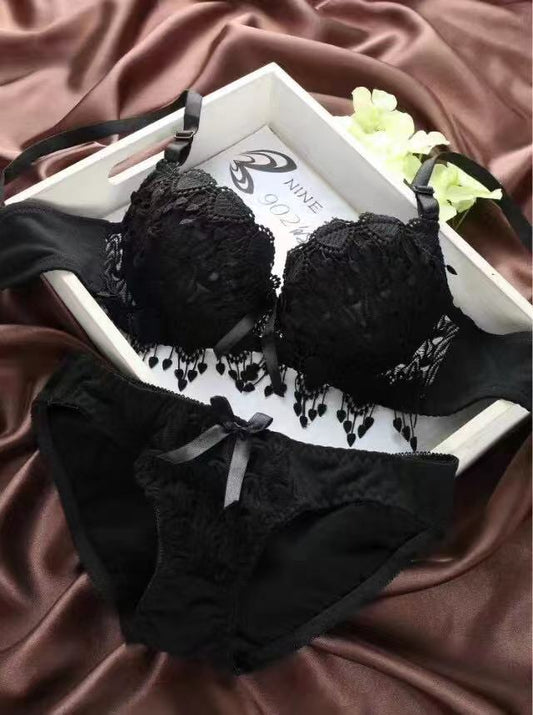 Sajiero Floral Embroidery Bella Padded Bra and Panty Set Black