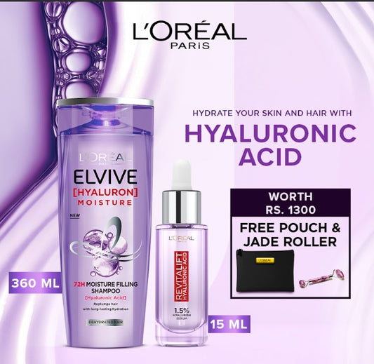 Bundle - L'Oreal Elvive Hyaluron Shampoo 360Ml + L'Oreal Paris Revitalift 1.5% Hyaluronic Acid Face Serum 15 Ml