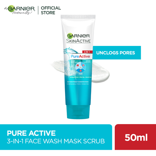 Garnier Skin Active 3-In-1 Clay Face Wash Mask Scrub 50Ml - Highfy.pk
