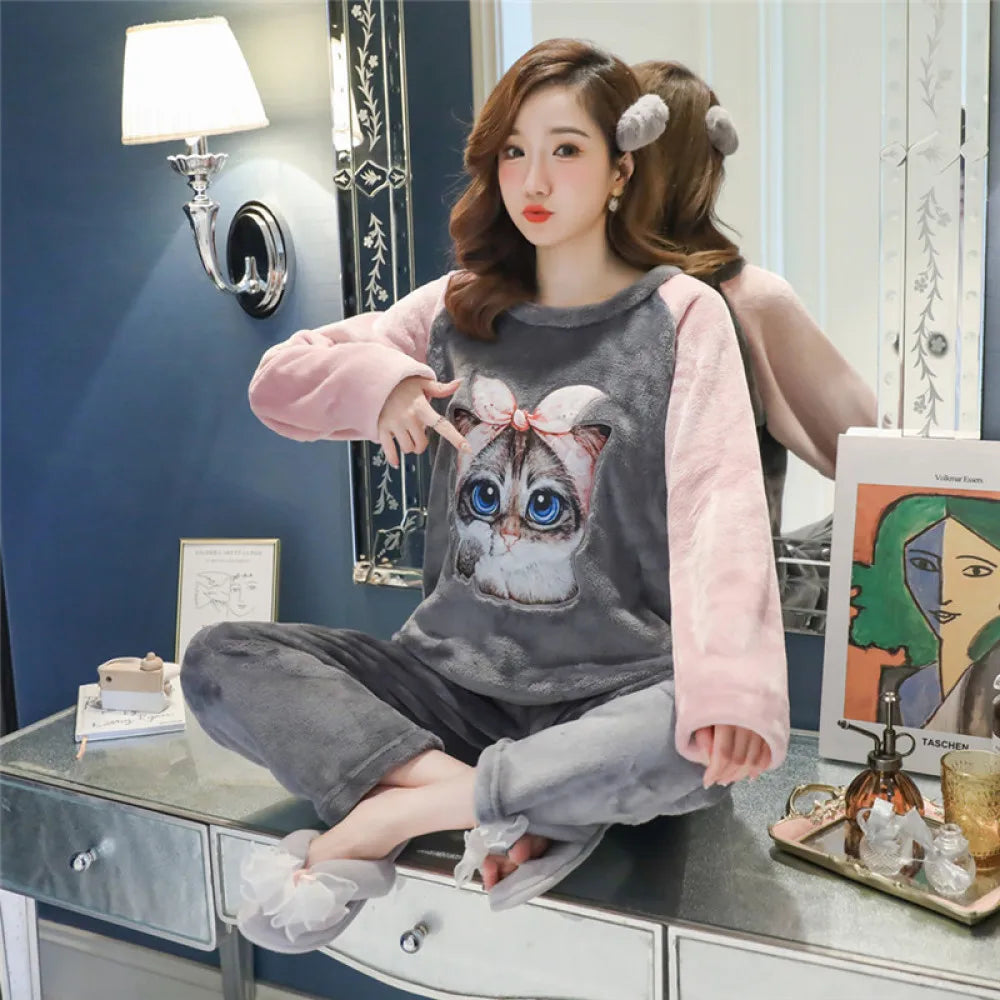 Fleece Long Sleeve Pajama Suit Cat