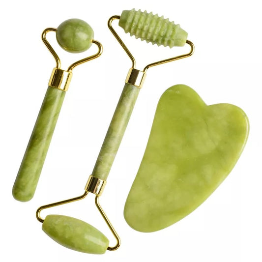 Facial Beauty - Jade Roller For Face-3 In 1 Kit With Facial Massager Tool - Highfy.pk